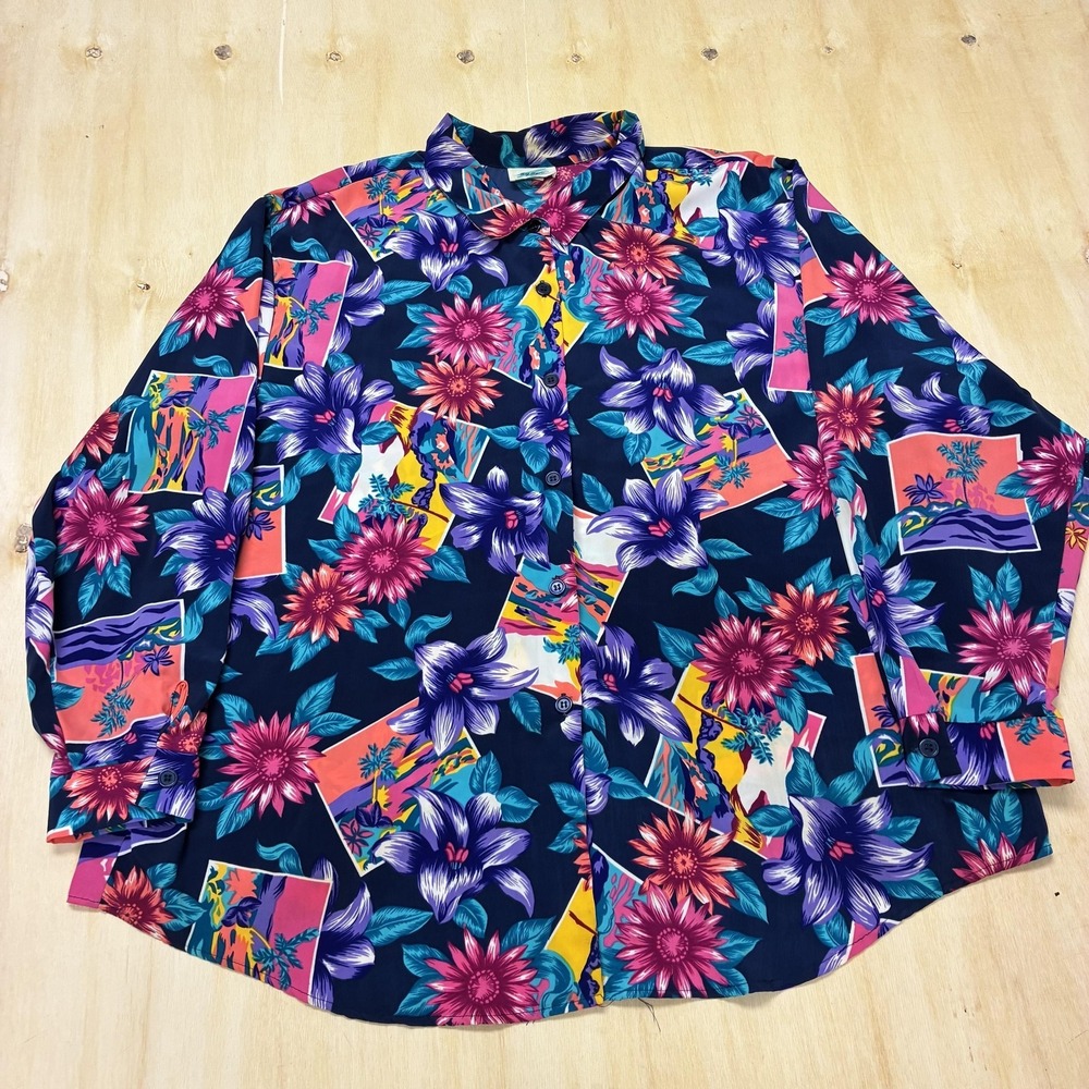 Vintage 90s S.G. Sport Button Up Shirt Womens 3X Floral Tropical Long Sleeve Top